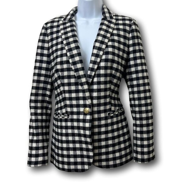 J. Crew Womens Blazer 6 Medium Wool Blend Black & White Buffalo Plaid Preppy - Picture 11 of 13